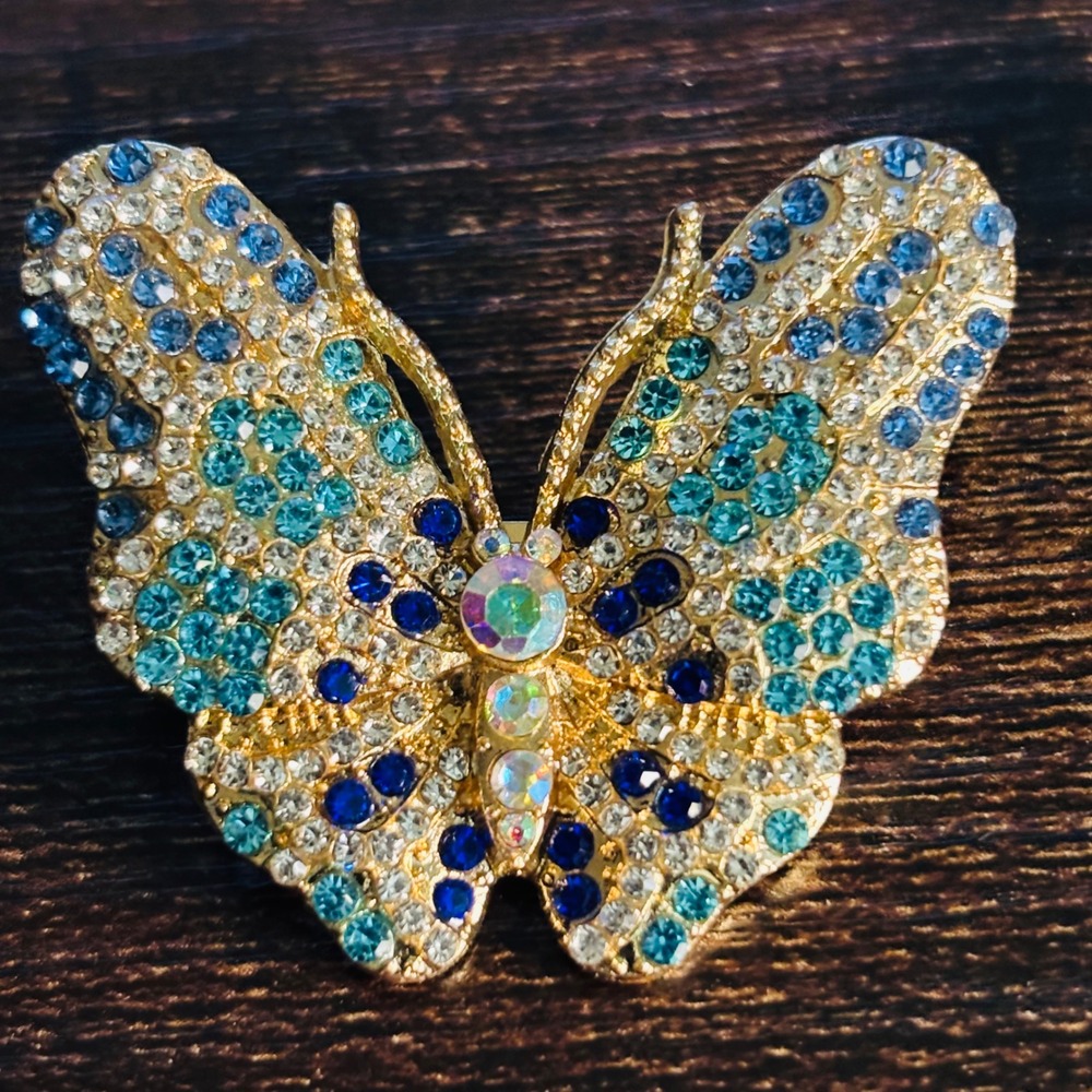 Gold Tone Blue Teal Rhinestone Butterfly Brooch Pin Statement Jewelry